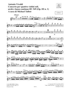Concerto D Major 4 Violins Strings Continuo Rv549 (op. 3, No. 1) Parts (HL-50600142)
